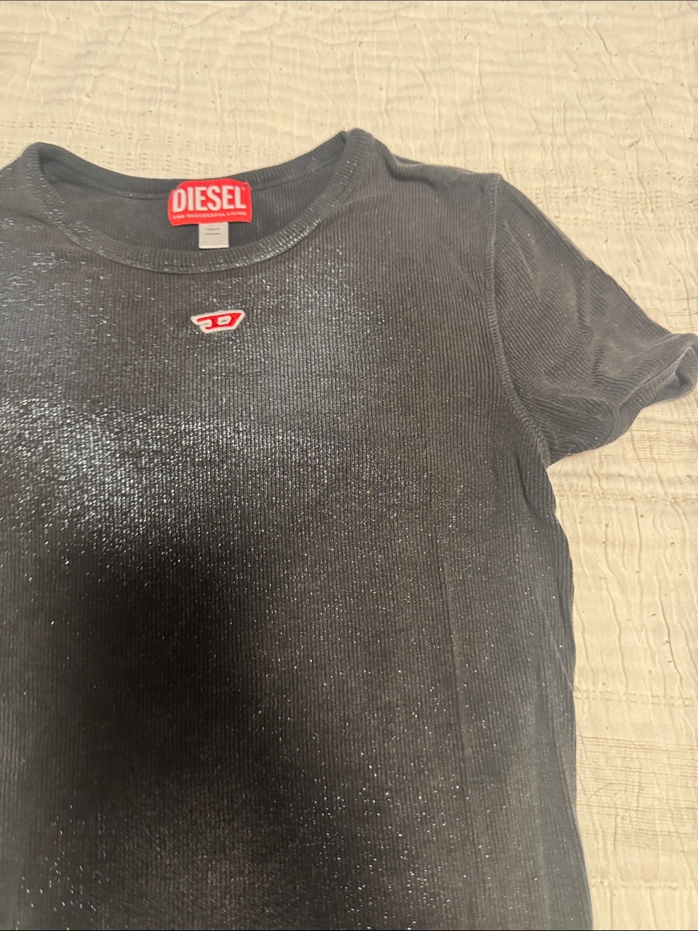 Diesel Black Glitter Short Sleeve Crop Top with Red Logo - Picture 6 of 6
